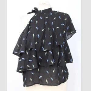 NWT Harper New York L Black Bird Print Tiered Ruffle One-Shoulder Tie Neck Top